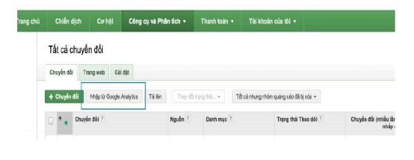 Nhập mục tiêu sang Adwords: